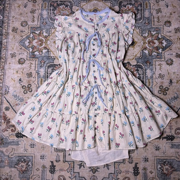 Free People Dresses & Skirts - Free People Floral Cross Stitch Tiered Mini Dress Cream Boho Medium Cottage Core